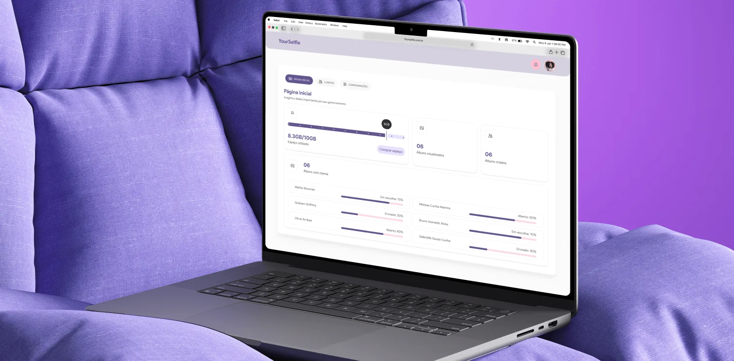 YourSelfie — photographer dashboard open on a laptop over a purple sofa
