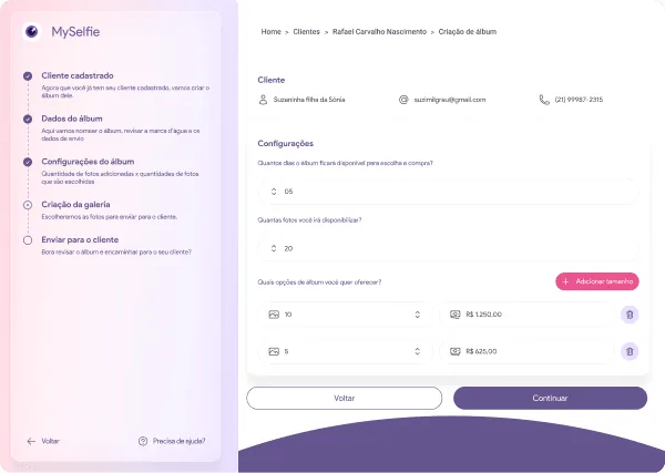YourSelfie photographer dashboard: album setup with quota and price
