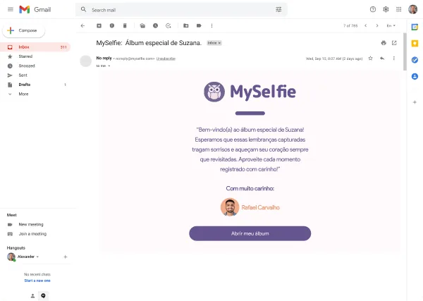 MySelfie magic link landing in the client’s Gmail inbox, no signup