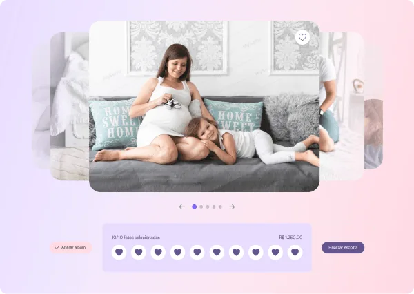YourSelfie end-client gallery with subtle watermark, 10/10 photos selected and fixed price