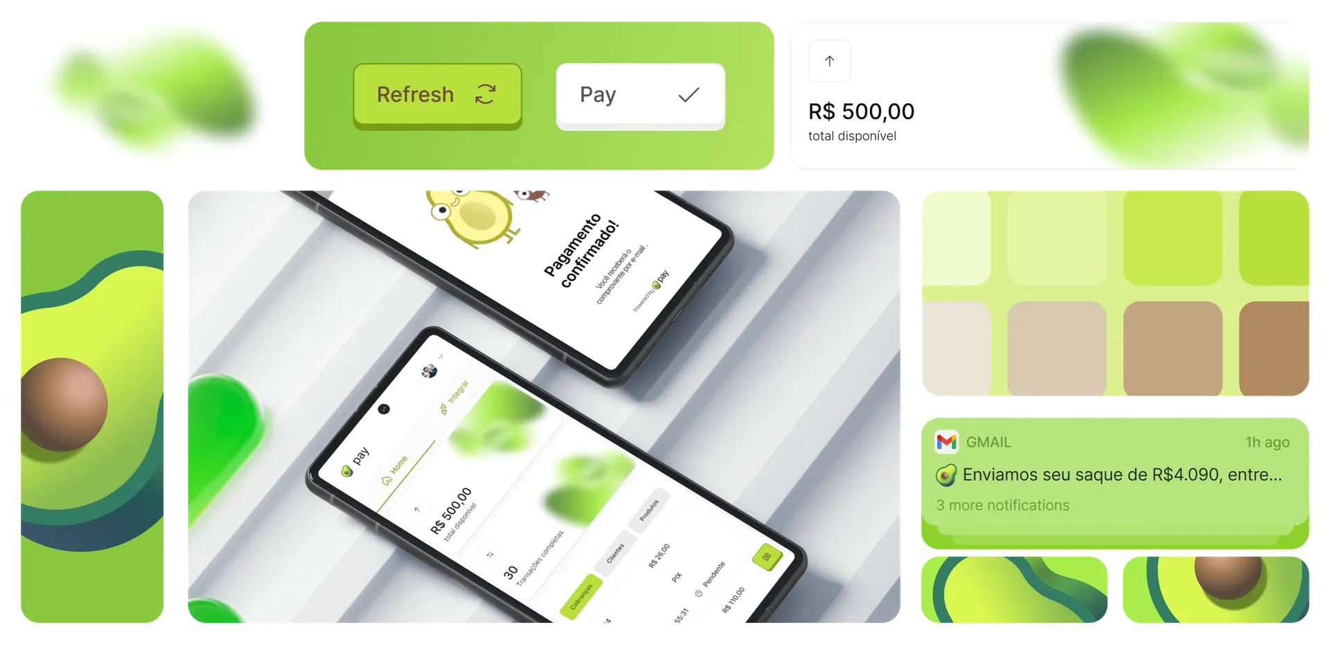 Abacate Pay — fragmento do design system com phone exibindo componentes e cards de tokens de cor e tipografia