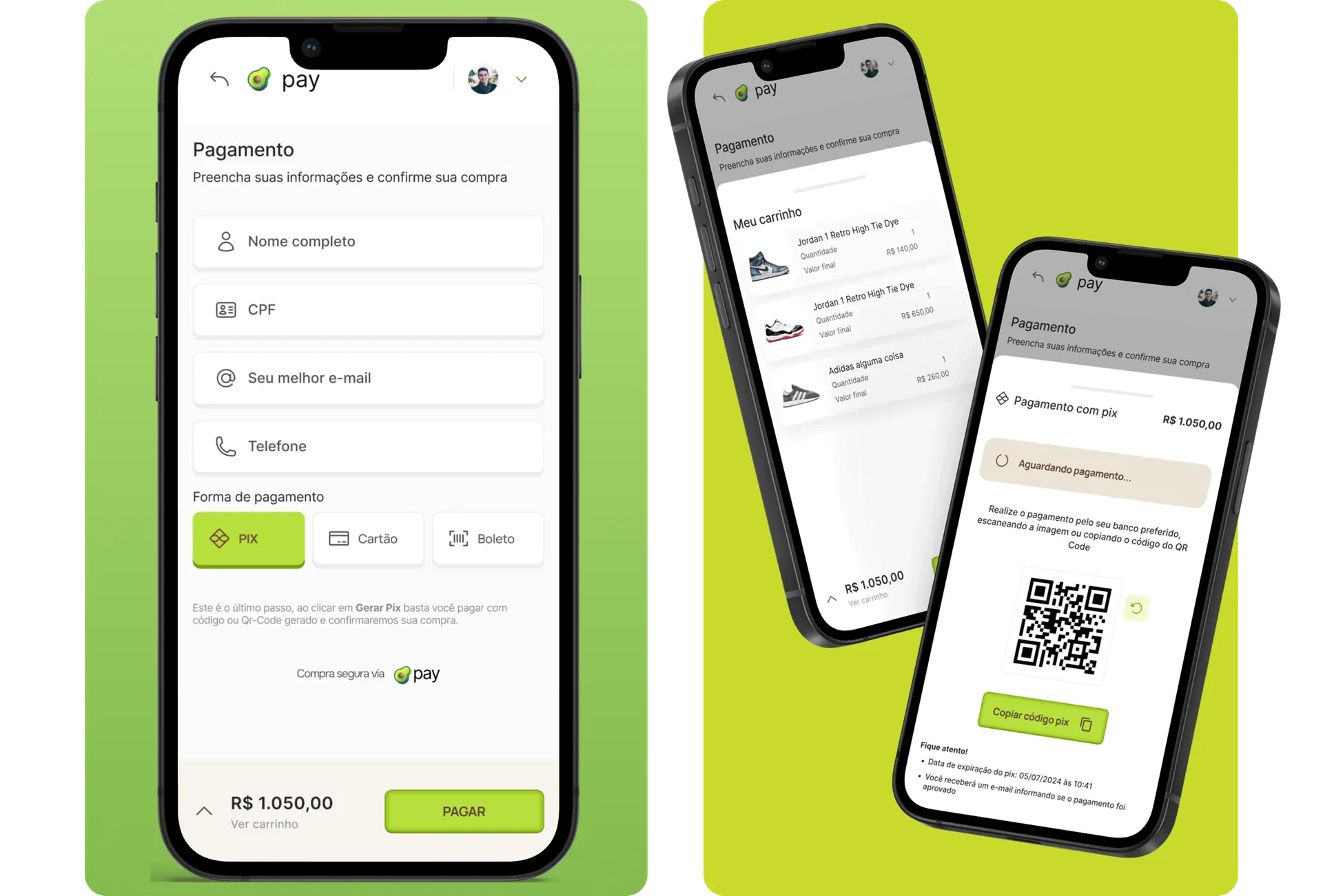 Abacate Pay mobile — two green cards side by side showing the phone with the PIX payment form and another phone with cart and QR Code