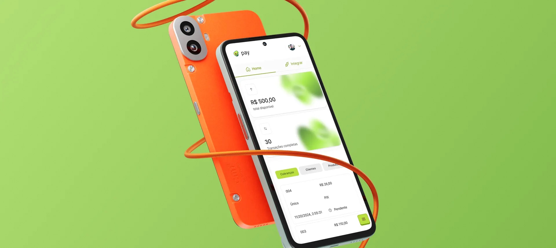 Abacate Pay — composição com celular exibindo o app de cobrança PIX e blocos decorativos em verde e laranja
