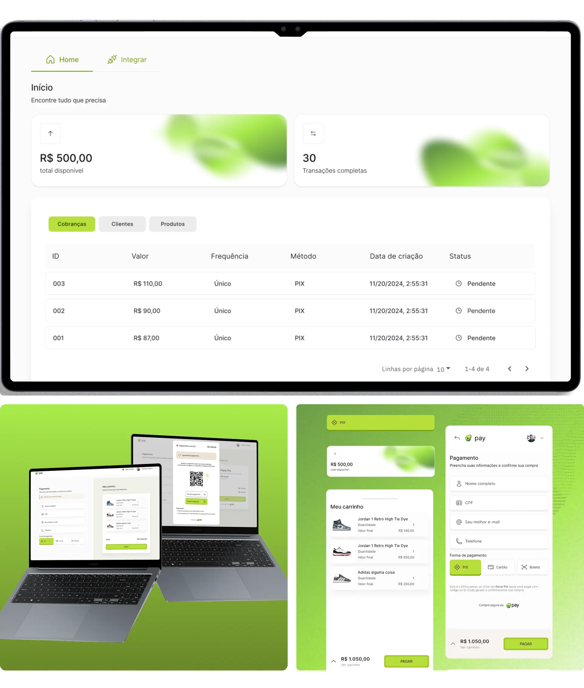 Abacate Pay — MacBook showing the payments list, with two green cards below showing the checkout with charge and QR code