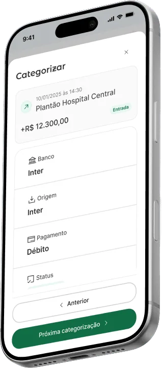 Arko mobile — Categorize screen showing the Hospital Central shift entry of R$ 12,300.00