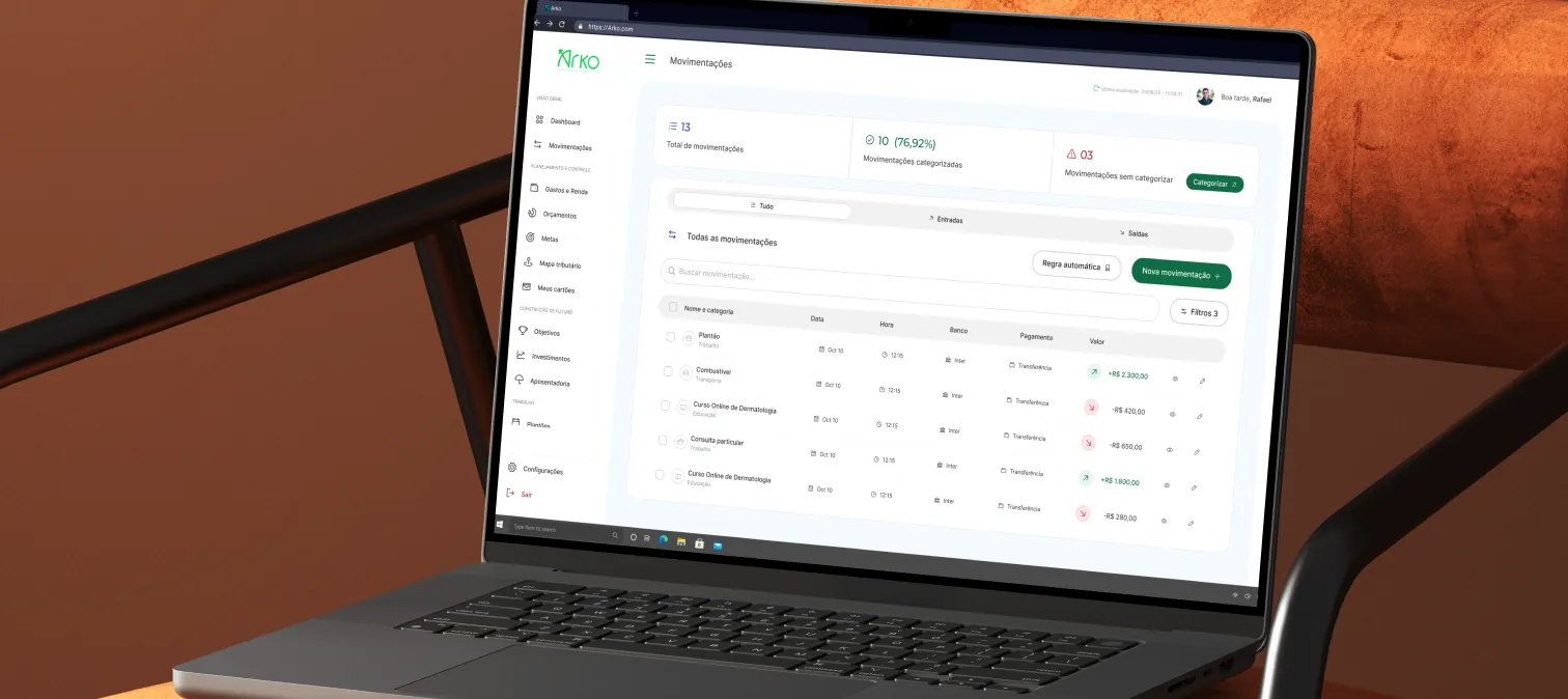 Arko desktop — Transactions area with 13 entries, 76.92% categorized, and quick categorize shortcuts