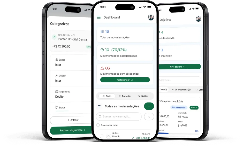 Arko mobile — three screens side by side: Categorize, Dashboard, and Goals